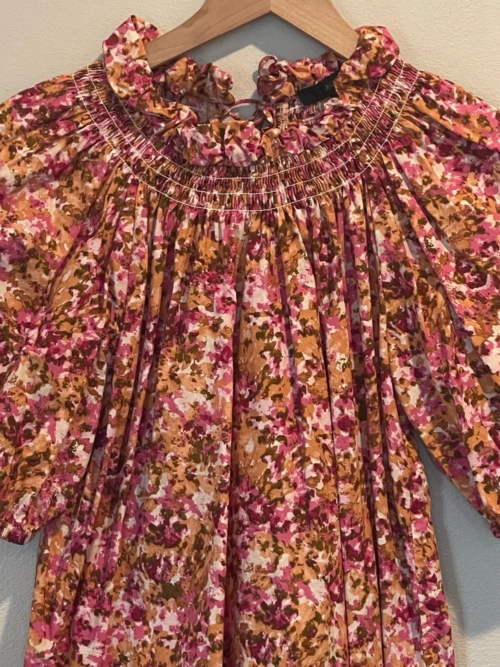 J. Crew Smocked Puff-Sleeve Blouse, Ties In Back, Pink Faded Floral, Size XXS